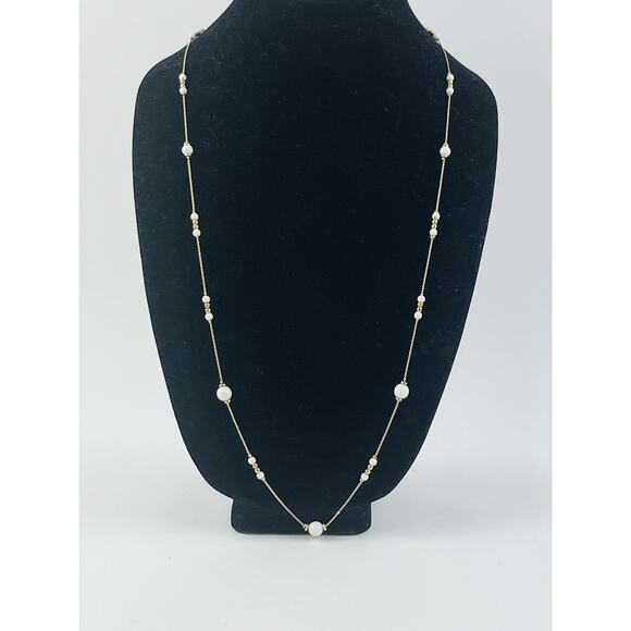 Liz Claiborne Gold Tone White Ball Bead Long Chain Necklace Station 80s Lobster - Picture 12 of 15